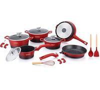 ROYALTY LINE, Juego de 17 piezas, Batería de cocina de aluminio fundido, revestimiento jaspeado, con mangos de silicona extraíbles, compatible con todas las fuentes de calor, 24-28 cm, Rojo