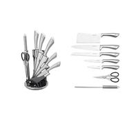 ROYALTY LINE, RLKSS600, Bloque de cuchillos de 8 piezas con soporte para ventilador, tijeras, cuchillos de acero inoxidable, mangos antideslizantes, afilador incluido - Plata - Tamaño estándar