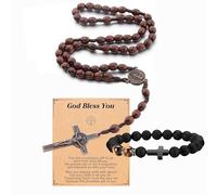 Royiwe Cruz collar y pulsera conjunto para los hombres | ojo de tigre pulsera regalos, versos religiosos inspiradores cruz pulsera, regalo de fe para los hombres amados, padre o hijo (Marrón)
