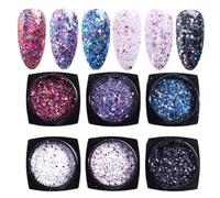 ROYJJ Juego de 6 polvos de colores para uñas delicadas, decoraciones artísticas para uñas hermosas, 6 colores de diamantes rotos, accesorios de uñas con purpurina