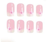 ROYJJ Juego de uñas postizas cortas a presión con flores, uñas acrílicas para mujer, 24 unidades, uñas cuadradas cortas brillantes en color plateado