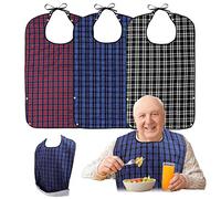 Roylvan 3 Baberos Adultos Impermeable, Baberos para Adultos para Comer Reutilizables para Personas Mayores con Recogemigas, Protector de Ropa para Ancianos, Hombres y Mujeres, Negro/Rojo/Azul