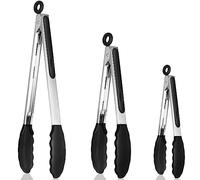 Royouzi Pinzas de cocina resistentes al calor, juego de 3, acero inoxidable engrosado y puntas de silicona sin BPA, pinzas de cocina ideales para hornear asar, 18 cm, 23 cm y 30,5 cm, color negro