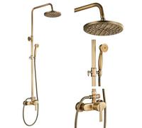 Rozin Sistema de ducha de latón antiguo con ducha de lluvia de 8 pulgadas y alcachofa de mano con mango individual, listo para montar en la pared, juego de ducha retro