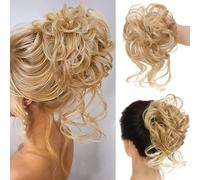 RPAEOY 2 Piezas Moños Postizos Banda Elástica Postizo de Pelo Natural Coleteros Pelo Sintético Rizado Ondulado Extensiones de Cabello Desordenado Postizos para Mujer (Dorado)