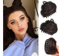 RPAEOY 2 Piezas Moños Postizos de Pelo con Garra Mini Pinza Desordenado Extensión de Moño Sintético Extensiones de Cabello Ondulado para Mujeres (Marrón Negro)