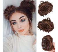 RPAEOY 2 Piezas Moños Postizos de Pelo con Garra Mini Pinza Desordenado Extensión de Moño Sintético Extensiones de Cabello Ondulado para Mujeres (Castaño Claro)