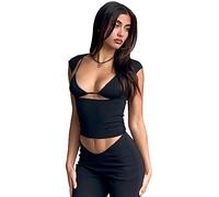 RPAEOY Blusa Mujer Manga Corta Camiseta Verano Crop Top Ajustado Elegante Blusas Verano Cuello V Profundo Camiseta Basica Moda Estilo Moderno Ropa para Mujer