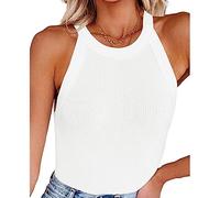 RPAEOY Camiseta Tirantes Mujer Acanalado Cuello Redondo Sexy Sin Mangas Camisetas Lencera Elástico Crop Top Básica Casual Verano Tank Top Chaleco Racer Blanco L