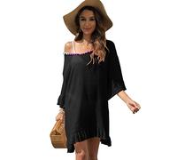 RPAEOY Vestido de Playa para Mujer Borla Volantes Algodón Suelto Ropa de Baño Playa Traje de Baño Vestido de Bikini Camisolas y Pareos Sexy Beach Bikini Cover up (Negro)