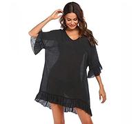 RPAEOY Camisolas Playa Mujer Bikini Cover up Pareo Playa Vestido Gasa con Volantes Manga Corta Cuello V Ropa Baño Verano Vacaciones Camisa Suelto Beachwear