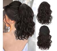 RPAEOY 35 cm Peluca Mujer Trenza Postiza Flequillo Postizo Peluca de Coleta Corta Drawstring Wave Ideal para Uso Diario y Fiestas(Marrón negro)