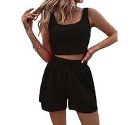 RPAEOY Conjunto Deportivo Mujer 2 Piezas Crop Top Corto Sin Mangas a Juego y Pantalones Cortos de Cintura Alta Casual Chandal Verano Ropa para Deporte Fitness Negro XL