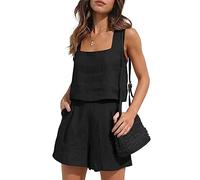 RPAEOY Conjunto Deportivo Mujer De Lino 2 Piezas Cuello Cuadrado Sin Mangas Pantalones Cortos y Crop Top Casual Lounge Ropa Verano para Hogar Calle Viaje Vacación Negro S