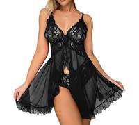 RPAEOY Conjunto Pijama para Mujer Camisón de Encaje con Tirantes Ropa de Dormir Transparente Babydoll Elegante Camisones Sexys Conjunto de Dos Piezas Suave Transpirable
