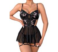 RPAEOY Lingerie Sexy Mujer Eróticos Corset Bordado con Falda Babydoll Lenceria Hot Picardias Transparente Ropa Interior Body Camisones Conjunto Tirantes