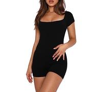 RPAEOY Mono Mujer Manica Corta Cuello Cuadrado General Elástico Romper Sexy Skinny Unitard Casual Verano Leggings Overalls Monos For Sport Yoga Gym Shorts Negro S