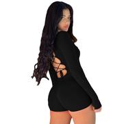 RPAEOY Mono Deportivo Mujer Manga Larga Cordón Cuello Redondo Sexy Punto Elásticos Body Overol Romper de Una Pieza Traje de Gimnasio Casual Jumpsuit para Fitness Yoga Danza (Negro,L)