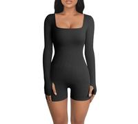 RPAEOY Mono Deportivo Mujer Manga Larga Cuello Cuadrado Sexy Punto Acanalado Elásticos Body Overol Romper de Una Pieza Traje de Gimnasio Casual Jumpsuit para Fitness Yoga Danza (Negro,S)