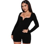 RPAEOY Mono Deportivo Mujer Manga Larga Cuello en V Sexy Punto Acanalado Elásticos Body Overol Romper de Una Pieza Traje de Gimnasio Casual Jumpsuit para Fitness Yoga Danza (Negro,S)