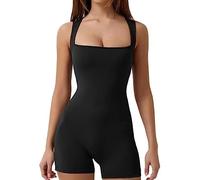 RPAEOY Mono Mujer Cuello Cuadrado Sin Mangas Jumpsuit Sexy Unitard Slim Fit One Piece Romper Casual Verano Outfits Gym Workout Shorts Negro M