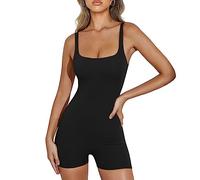 RPAEOY Mono Mujer Verano Cuello Cuadrado Sexy Corto Sin Manga Casual Jumpsuit Una Pieza Romper Elastico Monos Deportivo Overol para Workout Yoga Gym Ejercicio Negro M