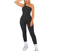 RPAEOY Mujer Deportivo Mono Verano Un Hombro Acanalado Elástico Largo Jumpsuit Sexy Una Pieza Ajustado Romper Sin Mangas Monos de Yoga Gym Acanalado Ejercicio Negro XL