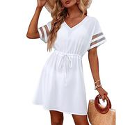 RPAEOY Vestido de Playa para Mujer Cuello en V Cordón Gasa Suelto Ropa de Baño Playa Traje de Baño Vestido de Bikini Camisolas y Pareos Sexy Beach Bikini Cover up (Blanco,M)