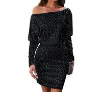 RPAEOY Vestido Mujer Corto de Lentejuelas Manga Larga Elegante Sin Tirantes Lápiz Vestido Sexy Brillante Vestidos de Coctel Fiesta Invitada Negro M