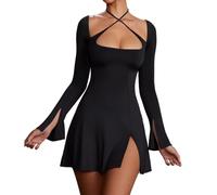 RPAEOY Vestido Mujer Elegante Manga Larga Correa Cruzada Cuello Cuadrado sin Espalda Mini Ajustado de Classy Retro Color Sólido Cóctel Vestidos de Noche Fiesta Clubwear Ceremonia Dress (Negro,M)