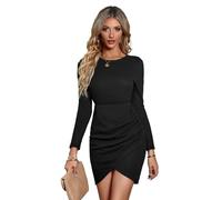 RPAEOY Vestido Mujer Elegante Manga Larga Cuello Redondo Dobladillo Cruzado Plisado Ajustado de Classy Retro Color Sólido Cóctel Vestidos de Noche Fiesta Clubwear Ceremonia Dress Invierno (Nero,M)
