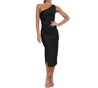 RPAEOY Vestido Mujer Elegante Un Hombro sin Mangas Plisado Midi Ajustado de Classy Retro Color Sólido Cóctel Vestidos de Noche Fiesta Clubwear Ceremonia Dress (Negro,M)