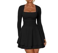 RPAEOY Vestido Mujer Manga Larga Sexy Volante Dobladillo con Cuello Cuadrado Bodycon Elegante Minivestido para Fiesta Noche Coctel (M)