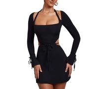 RPAEOY Vestido Mujer Sexy Mangas Largo con Cuello Cuadrado Elegante Bodycon Lápiz Vintage Midi Vestidos Casuales Minivestido para Invitada Coctel (Negro/XL)
