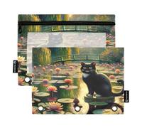 RPLIFE Black Cat Water Lilies - Bolsa con cremallera de 3 agujeros con ventana transparente, paquete de 2 estuches para lápices para niños y niños, suministros escolares, 9.8 x 7 pulgadas (tamaño