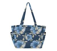RPLIFE Bolsa de mano pintada de flores azules y beige, bolsas de trabajo ligeras, bolsa de mano para mujer