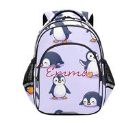 RPLIFE Bonita mochila púrpura de pingüino de dibujos animados para niños, mochila con nombre personalizado para niños de escuela primaria de 6 a 12 años, Lindo pingüino de dibujos animados morado, 15