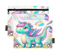 RPLIFE Bonito unicornio de dinosaurio de dibujos animados, paquete de 2 bolsillos de perforación de 3 agujeros para niños, escuela, bolsa transparente para niños y niñas, 9.8 x 7 pulgadas (tamaño