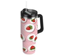 RPLIFE Bonito vaso de fresas rojas rosas con asa, botella de agua aislada de acero inoxidable de 40 onzas con popote para mujeres y hombres de viaje