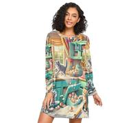 RPLIFE Camisas de noche de manga larga para mujer, acogedor vestido de dormir con cuello redondo, camisones casuales para mujer, lindos gatos, cocina, verde azulado, Cute Cats Kitchen Teal, XXL