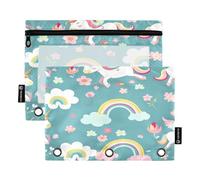 RPLIFE Carpeta de 3 agujeros con ventana transparente, paquete de 2 soportes para bolígrafos, suministros escolares para niños, 9.8 x 7 pulgadas, lindos unicornios de dibujos animados, flores verdes