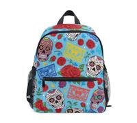 RPLIFE Colorida mochila azul con calaveras de azúcar para niños pequeños, pequeña con etiqueta de nombre, mochila escolar para niños, 3-8 años, Coloridas calaveras de azúcar azul, M