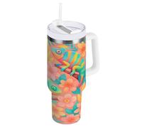 RPLIFE Colorido camaleones ramas, vaso de 40 onzas con asa, taza de acero inoxidable, vaso de café aislado
