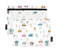 RPLIFE Cute Cartoon Cars - Paquete de 2 carpetas blancas con cremallera para niños, escuela, bolsas transparentes para lápices para niños y niñas, 9.8 x 7 pulgadas (tamaño único x 2)
