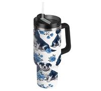 RPLIFE Cute Dogs - Vaso retro floral azul con asa y popote, 887 ml, vasos aislados de acero inoxidable con tapas para hombres y mujeres de viaje
