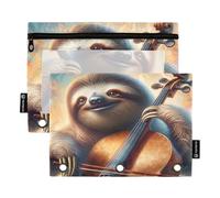 RPLIFE Estuche grande de 3 anillos con ventana transparente, paquete de 2 estuches para lápices para niños, suministros escolares, 9.8 x 7 pulgadas, bonito violonchelo de perezoso