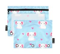 RPLIFE Estuche para carpeta de 3 anillas, paquete de 2 bolsas con cremallera con ventana transparente, suministros de regreso a clases, 9.8 x 7 pulgadas, lindos elefantes blancos, azul claro