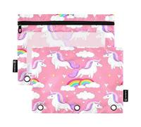 RPLIFE Estuche para carpeta de 3 anillas, paquete de 2 estuches para lápices con ventana de plástico, suministros de regreso a clases, 9.8 x 7 pulgadas, lindos unicornios blancos, arcoíris rosa