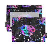 RPLIFE Estuche para lápices con tres agujeros con ventana transparente, paquete de 2 carpetas con cremallera para niñas, suministros escolares para niños, 9.8 x 7 pulgadas, mariquitas neón negro