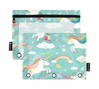 RPLIFE Estuche para lápices de 3 agujeros con ventana transparente, paquete de 2 estuches con cremallera para niños y niños, suministros escolares, 9.8 x 7 pulgadas, lindos unicornios de dibujos